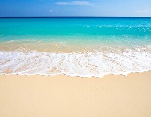 Fototapeta premium Beautiful tropical beach with gentle turquoise waves washing over smooth golden sand, creating a peaceful and minimal coastal scene. Ideal for summer, travel, and relaxation themes