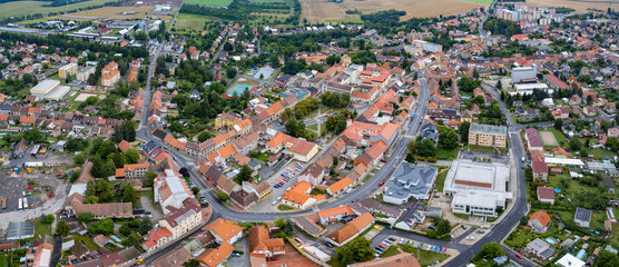 Aerial view of the city Nové Strašecí in the czech Republic on a rainy summer day.