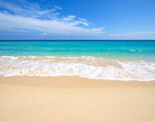 Fototapeta premium Beautiful tropical beach with gentle turquoise waves washing over smooth golden sand, creating a peaceful and minimal coastal scene. Ideal for summer, travel, and relaxation themes