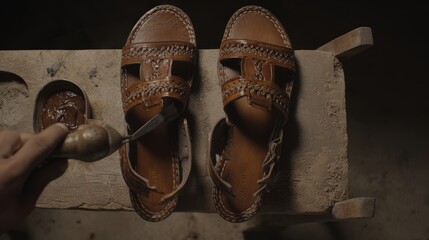 Handcrafted brown leather sandals are being polished with a tool on a rustic wooden workbench, showcasing artisanal craftsmanship and attention to detail in footwear design