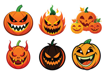Halloween pumpkin set with spooky and funny faces in autumn style
