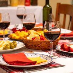Festive table setting with red wine and appetizers