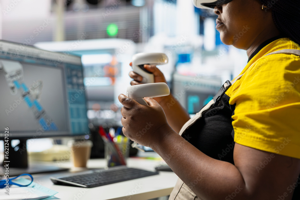 Poster black employee in solar panel facility uses virtual reality tech for troubleshooting and fixing tech