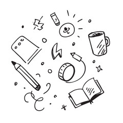 Doodle art.  hand drawn sketch of everyday objects including a mug, pencil, book, and other office supplies