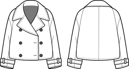 Stylish cropped jacket design, double-breasted fashion, CAD drawing, flat vector, front and back view, trendy outerwear, clothing illustration, apparel sketch