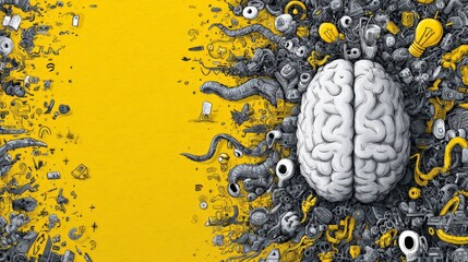 Human brain generating creative ideas and thoughts on yellow background