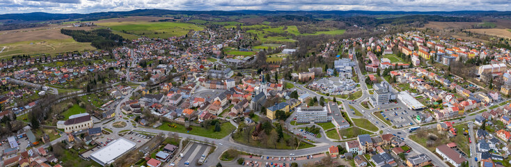 Aerial view of the city Tachov in the czech Republic on a rainy summer day.