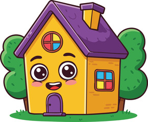 Cute yellow house with purple roof and green trees cartoon style vector illustration for children and family themes 