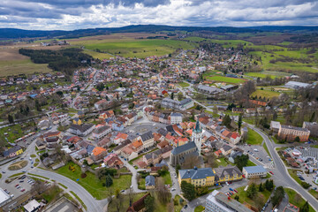 Aerial view of the city Tachov in the czech Republic on a rainy summer day.