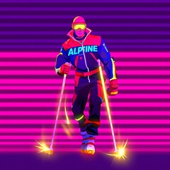 Fototapeta premium Retro Style Skier Performing Tricks in the Neon Night