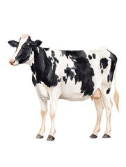 Watercolor animal illustration, a black and white holstein cow standing in profile, isolated on transparent background