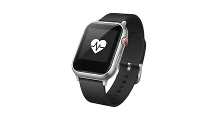 Fototapeta premium A modern smartwatch with a black band displaying a heart rate monitor isolated on transparent background