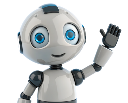 A friendly cartoon robot with blue eyes waving its hand on a transparent background image