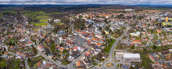 Aerial view of the city Tachov in the czech Republic on a rainy summer day.
