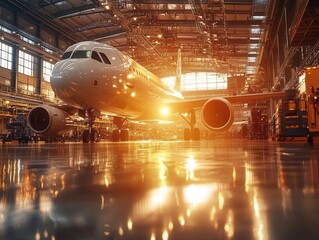A bright aerospace production line glowing with aircraft parts being assembled, sunlight spilling onto shiny surfaces