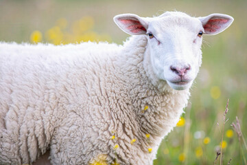 Naklejka premium Photorealistic portrait of a white sheep with dense curly wool standing in a sunlit green meadow. Detailed texture of wool with soft natural light and a peaceful pastoral background of wildflowers.