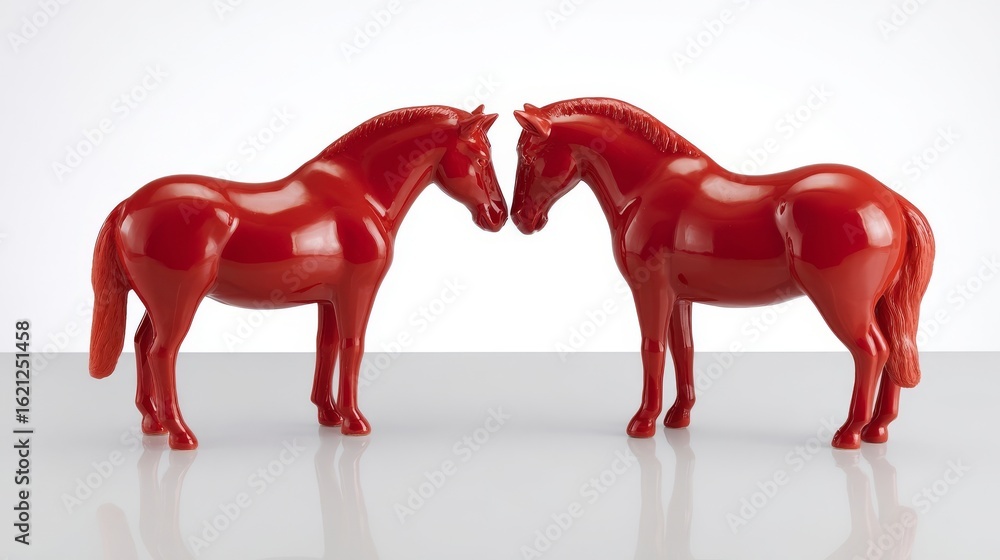Poster two glossy red horse figurines facing each other on a reflective surface, showcasing vibrant color a