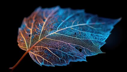 Colorful leaf skeleton, close-up, dark background, nature study, wallpaper