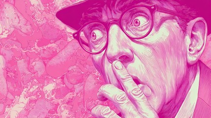 Shocked man wearing glasses and hat witnessing a bizarre pink phenomenon