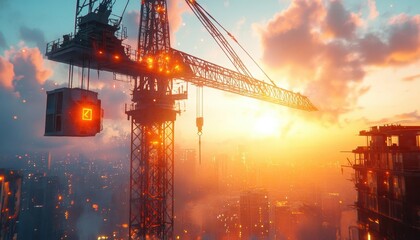 A bright crane lifting glowing gear onto a towering structure, sunlight highlighting the precision of the operation