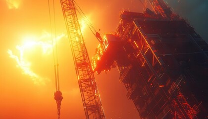 A bright crane lifting glowing gear onto a towering structure, sunlight highlighting the precision of the operation