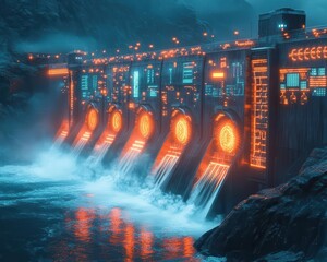 A bright dam glowing with energy monitors as engineers assess its structural and energy output efficiency