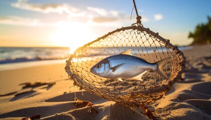 Fish caught in a net at sunset (1)