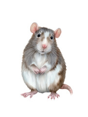 Watercolor animal illustration, a cute grey and white rat with pink ears and paws, standing on a transparent background