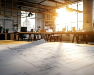 A bright development office glowing with future manufacturing plans, sunlight spilling onto detailed blueprints