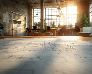 A bright development office glowing with future manufacturing plans, sunlight spilling onto detailed blueprints