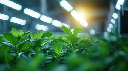A bright ecofriendly production facility glowing with sustainability banners, workers optimizing workflow under soft light