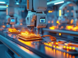 A bright engineering facility glowing with new prototypes for wearable tech, engineers testing their functionality