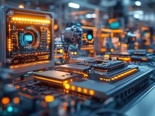 A bright engineering facility glowing with new prototypes for wearable tech, engineers testing their functionality