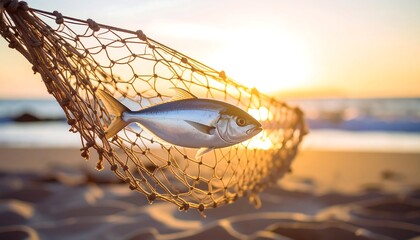Fish caught in a fishing net at sunset