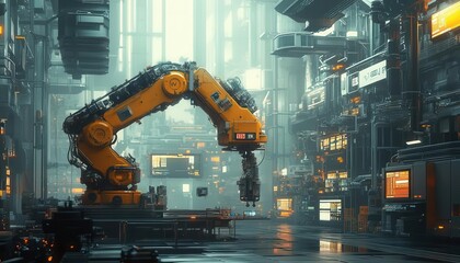 A bright industrial hub where glowing mechanical arms and tools highlight technological advancements