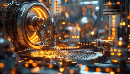 A bright industrial hub where glowing mechanical arms and tools highlight technological advancements
