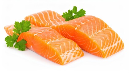 Raw Salmon Fillet Slices with Parsley on White