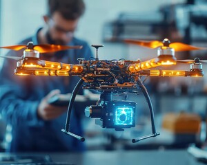 A bright industrial lab where glowing drone prototypes hover, engineers discussing designs with focused precision
