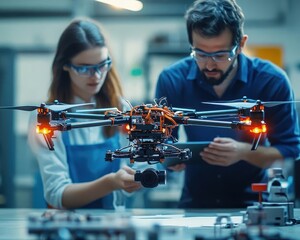 A bright industrial lab where glowing drone prototypes hover, engineers discussing designs with focused precision