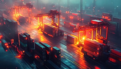 A bright industrial shipping dock glowing with containers being loaded onto trucks, sunlight highlighting their vibrant colors