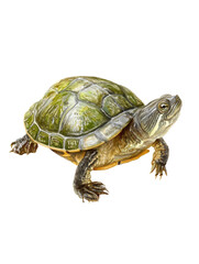 Fototapeta premium Watercolor animal illustration, a small green turtle isolated on a transparent background, showcasing its shell and legs