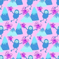 Winter monsters seamless Christmas yeti pattern for wrapping paper and fabrics