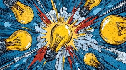 Light bulbs exploding creating new ideas in comic style