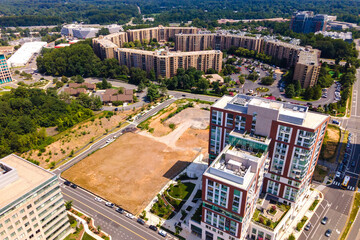 Modern buildings in Downtown Tysons, Virginia. Offices and skyscrapers. Drone video.