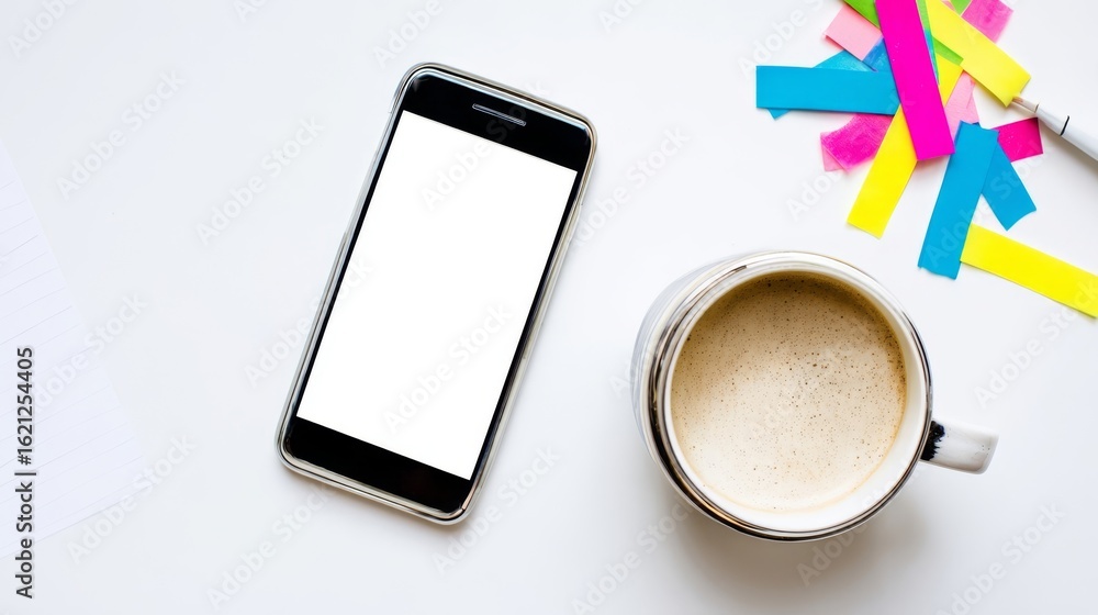 Poster smartphone mock up with blank screen beside a cup of coffee and colorful sticky notes on a clean wor