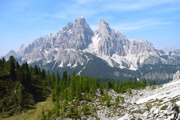 View of the south side of Monte Cristallo, a mountain within the Kristallspitze massif in the Italian Dolomites range in the Ampezzo Dolomites Natural Park, northeast of  Cortina d'Ampezzo, Italy.