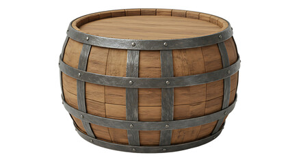 Wooden Barrel with Metal Bands Isolated On Transparent Background

