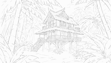 Obraz premium Coloring page of a tropical wooden house on stilts in a lush jungle setting with palm trees