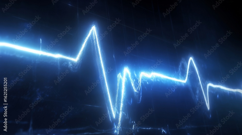Poster digital heartbeat waveform displayed in glowing blue lines against a dark background, representing m
