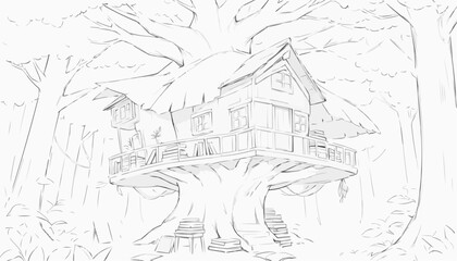 Obraz premium Treehouse nestled in a large tree, adventurous atmosphere, coloring page concept, black and white outline 